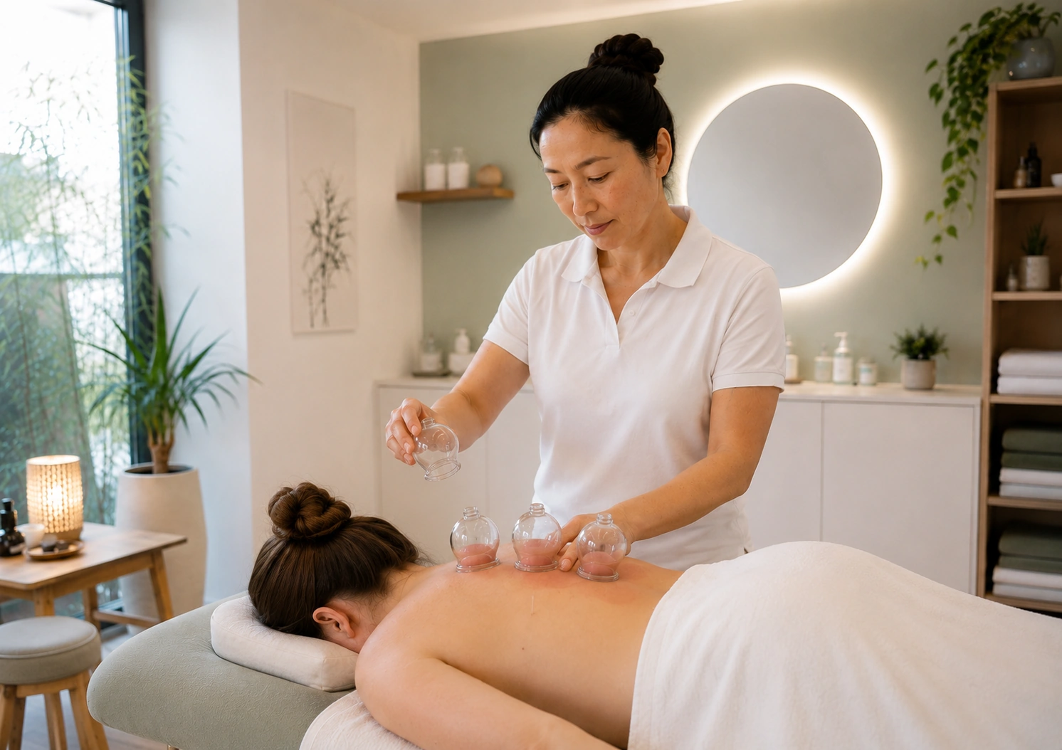 Gläser stehen unter Unterdruck auf dem Rücken im Akupunktur Zentrum Wettingen